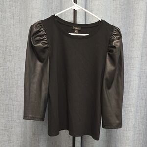 Ann Taylor Factory Black Long Sleeve Top with Faux Leather Sleeves Size Small
